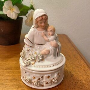 Religious Mary & Baby Jesus Porcelain Trinket Dish with Top Excellent Condition